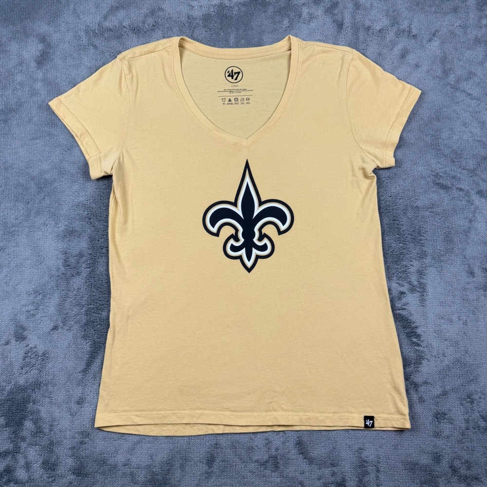 47 Brand New Orleans Saints V-Neck T-Shirt Womens Large Gold NFL Fleur De Lis